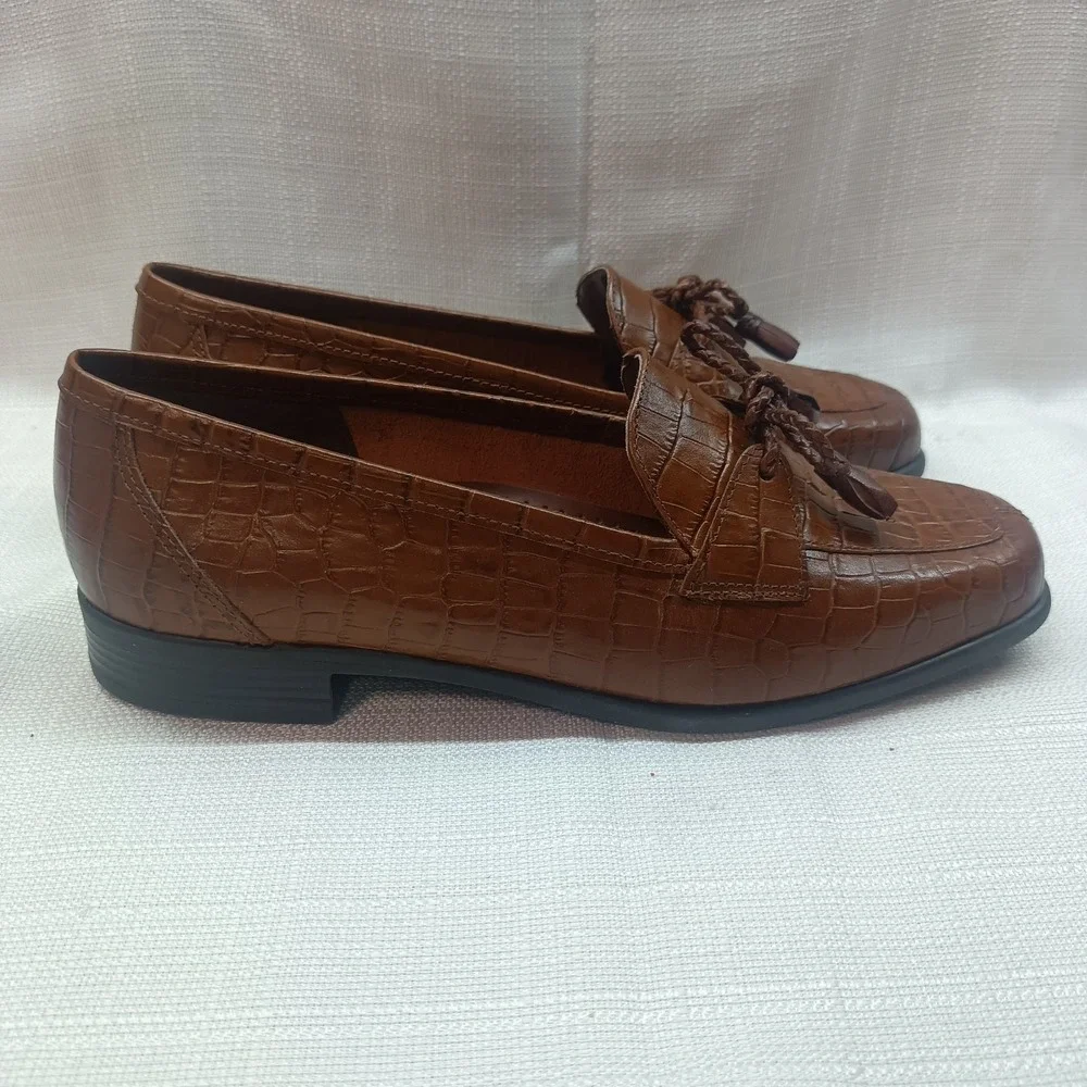 Vtg Y2K Naturalizer Womens 8M Tan‎ Leather Croc Natural Flex Loafer Shoes 712N82